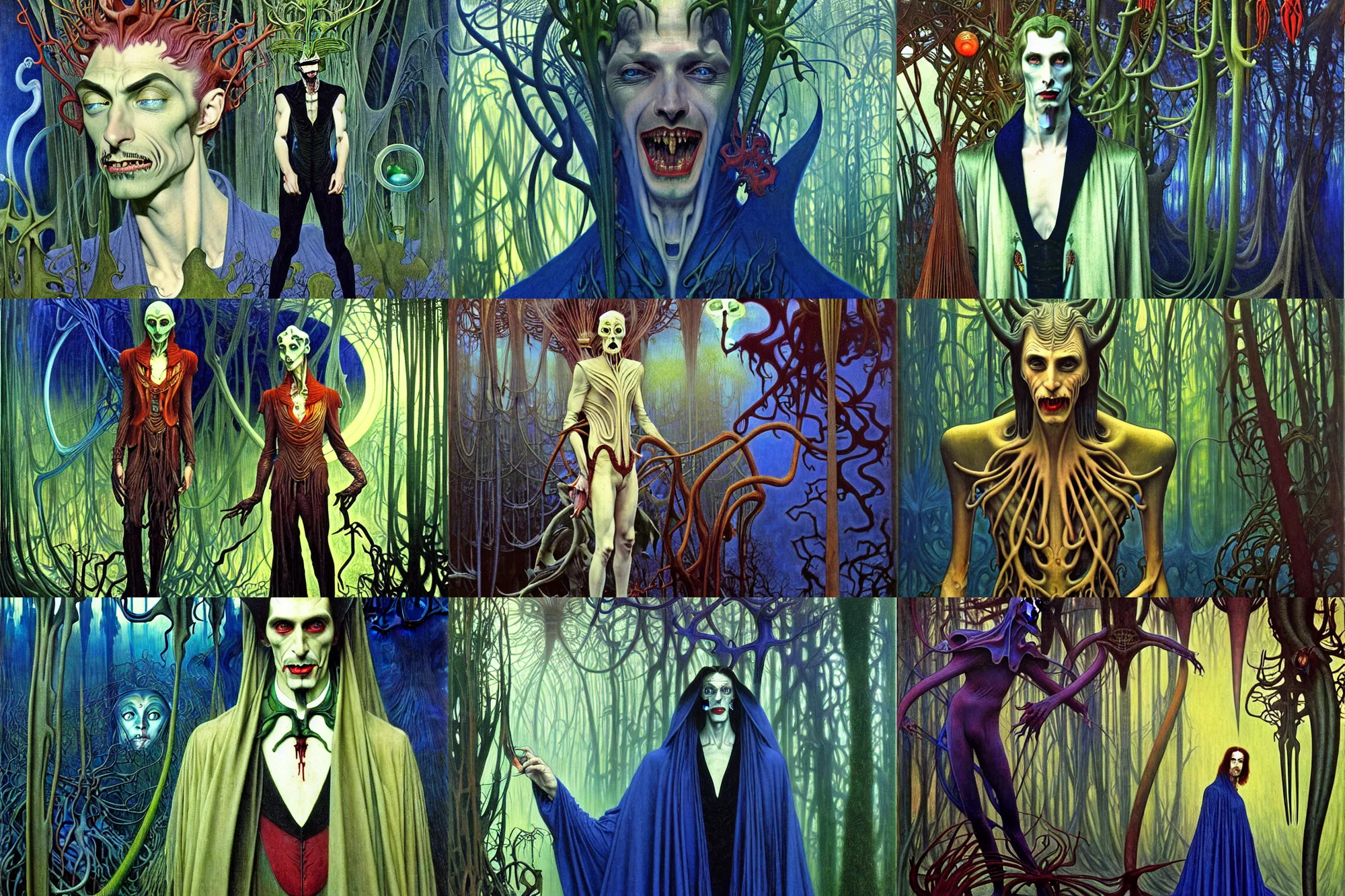 Prompt: realistic detailed portrait painting of a creepy vampire man dressed as dracula, futuristic sci-fi forest on background by Jean Delville, Amano, Yves Tanguy, Alphonse Mucha, Ernst Haeckel, Edward Robert Hughes, Roger Dean, rich moody colours, blue eyes