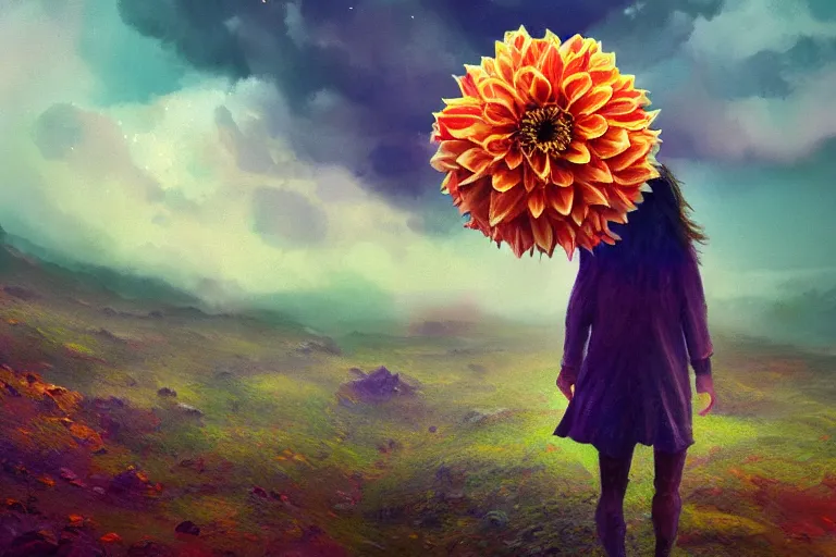 Image similar to giant dahlia flower as a head, girl walking on mountain, surreal photography, stars, dramatic light, impressionist painting, storm clouds, digital painting, artstation, simon stalenhag