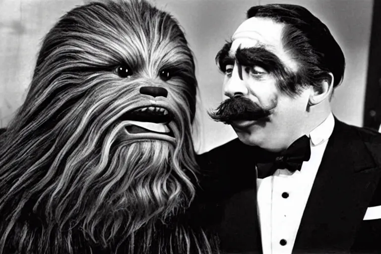 Prompt: A still from the black and white movie where Chewbacca starred alongside Charlie Chaplain