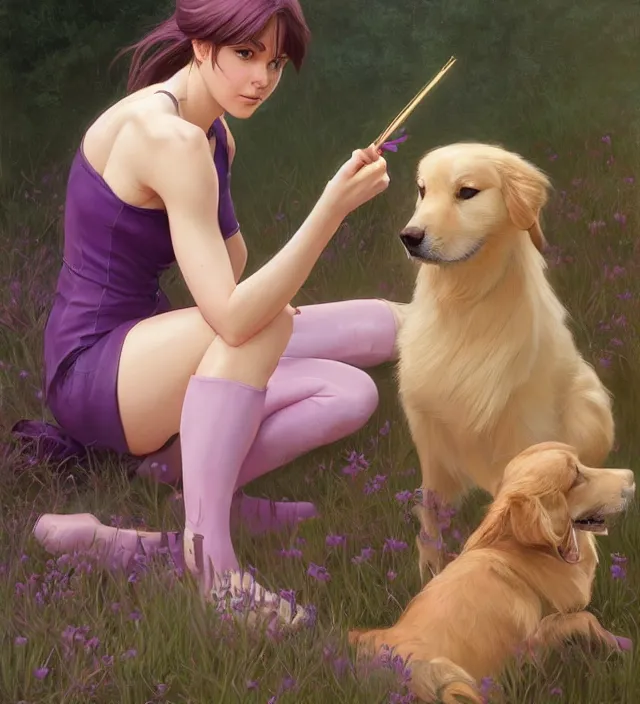 Image similar to Kate Bishop petting Golden Retriever Dog, Marvel, Hawkeye, blush, intricate, cute, elegant, light purple mist, highly detailed, digital painting, artstation, concept art, matte, sharp focus, illustration, art by Artgerm and Greg Rutkowski and Alphonse Mucha