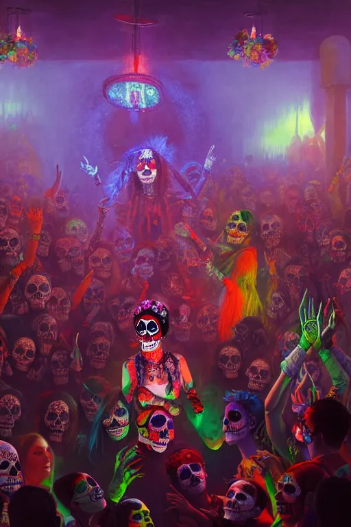 Prompt: scene from a rave, celebrating day of the dead, vibrant colours, beautiful, digital art, winning award masterpiece, trending on artstation, painting by otto dix and greg rutkowski, 8 k