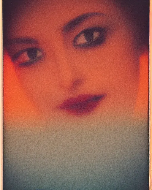 Image similar to a woman's face in the water, serene emotion, new polaroid, glitchy patterns, hazy, red, orange, yellow, soft lighting