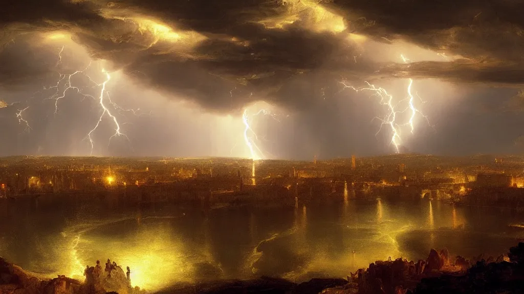 Image similar to Madrid painted by Thomas Cole with dramatic lightning, concept art, matte painting, 8k, highly detailed, artstation