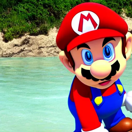 Prompt: super mario standing in the water at a beach