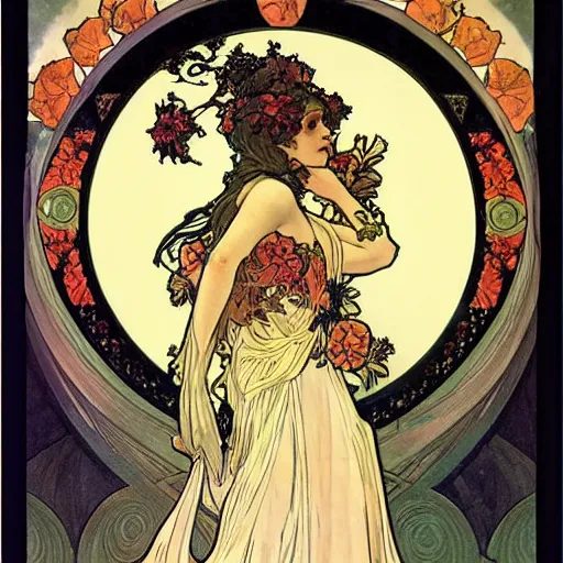 Image similar to persephone as goddess of death, flowers, dark, evil, painted by alphonse mucha