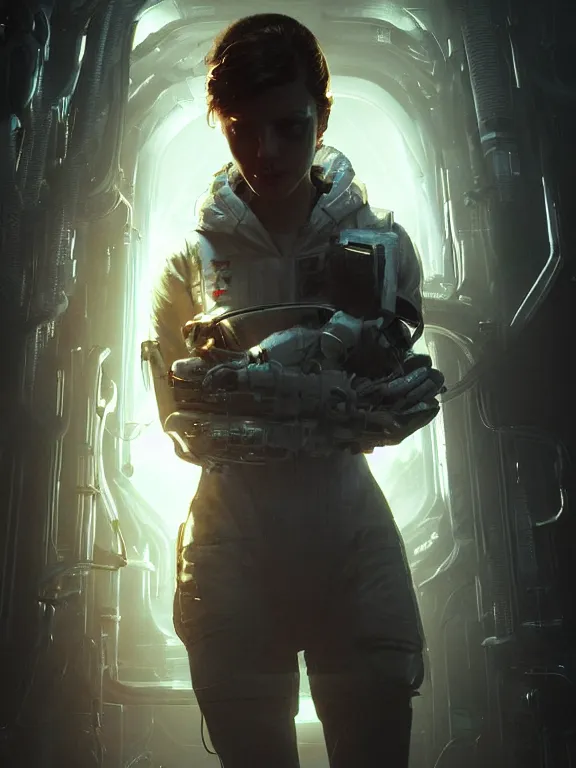 Image similar to portrait of a young female scientist from alien isolation, art by ryo shiotani and greg rutkowski, intricate, beautiful, cute, cinematic lighting, vintage art by serge ivanoff, high resolution, very detailed