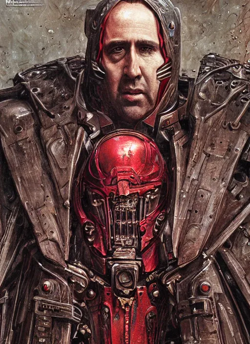 Image similar to portrait of rotten Nicolas Cage as adeptus mechanicus in red hood and robe from Warhammer 40000. Highly detailed, artstation, illustration by and John Blanche and zdislav beksinski and wayne barlowe and Gustav Klimt