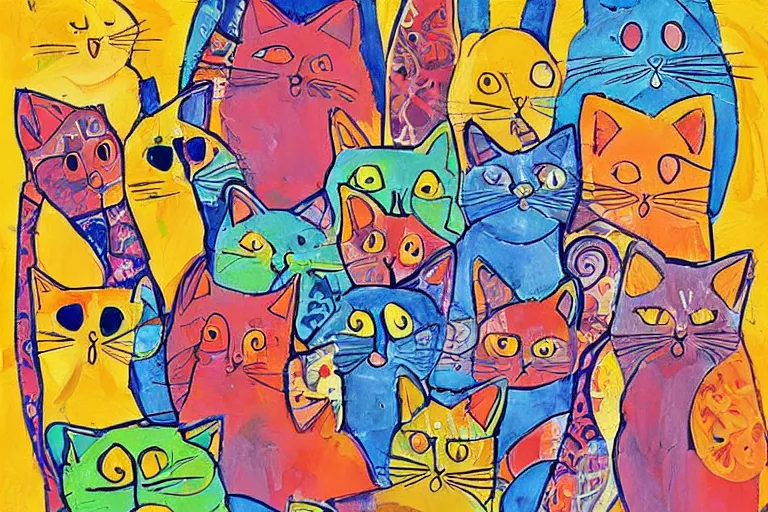 Prompt: beautiful art illustration of a group of cat by laurel burch