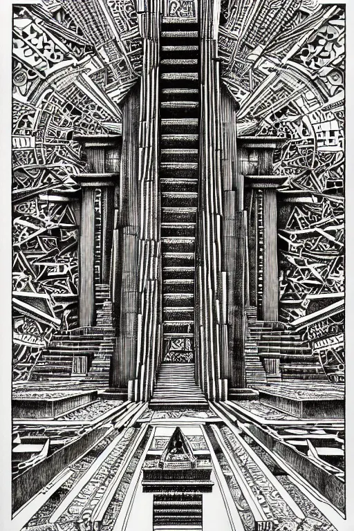 Prompt: a black and white drawing of an ancient temple, a detailed mixed media collage by hiroki tsukuda and eduardo paolozzi and moebius, intricate linework, sketchbook psychedelic doodle comic drawing, geometric, street art, polycount, deconstructivism, matte drawing, academic art, constructivism