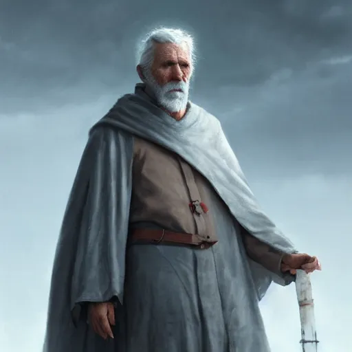 Prompt: portrait of an old man with long gray beard and a blind eye with a scar and him wearing a white cape with a hood on, Matte painting , detailed painting, made by Greg Rutkowski, 4k, atmospheric