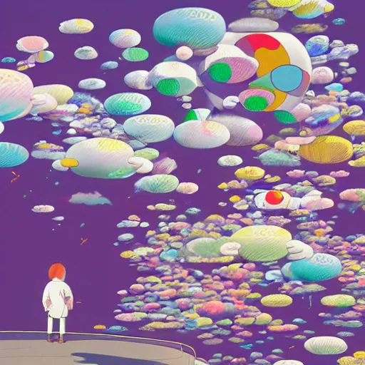 Image similar to a man walking on clouds away from the camera above kyoto by takashi murakami, beeple and james jean, aya takano color style, 4 k, super detailed, modern, 4 k, symmetrical