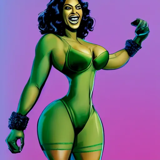 Prompt: Singer Beyoncé as She-Hulk, smiling, photorealistic, comic pinup style, sports illustrated, detailed legs, hyperreal, surreal, artstation, bokeh, tilt shift photography, photo illustration, Roge Antonio, Jen Bartel