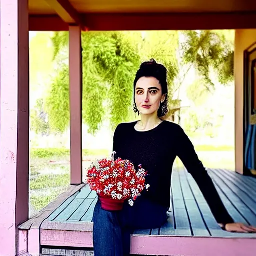 Image similar to a beautiful portrait of the turkish actress sumeyye aydogan, duy beni serial, sitting on the porch holding a flower, in front of the house