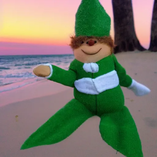 Prompt: a cotton-headed ninny-muggins is hanging out at the beach at dusk