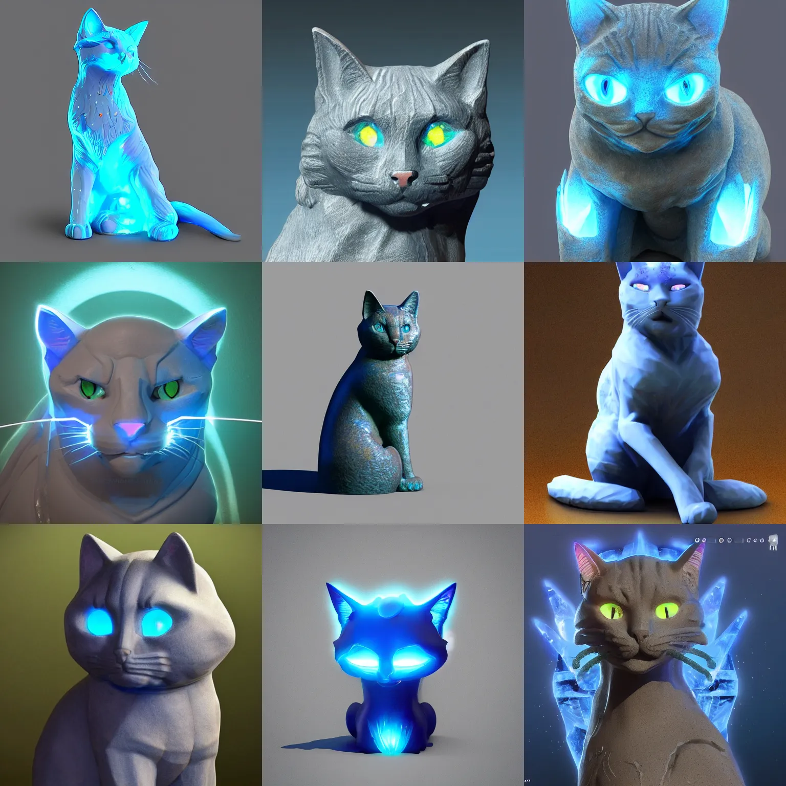 Prompt: a statue of a cat with glowing blue eyes, concept art by Nazmi Ziya Güran, featured on polycount, statue art, polycount, concept art, made of crystals