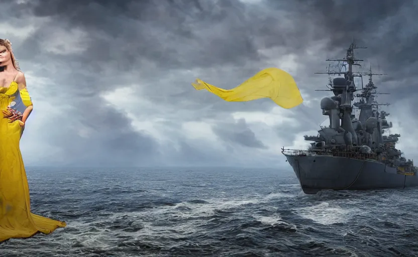 Image similar to cinematic shot from behind of a beautiful girl in national blue and yellow dress with beautiful hair standing against and facing a huge realistic detailed Russian warship on the horizon. She is ready to fight. Ukrainian flag on the left side, concept art, сinematic lighting, insanely detailed, smooth, sharp focus, Artstation, 8k, unreal engine, hyper realistic, steampunk style, bright background, moonlight, volumetric lighting, wallpaper, digital illustration by Ruan Jia and Mandy Jurgens and Artgerm and Wayne Barlowe and Greg Rutkowski and Zdislav Beksinski