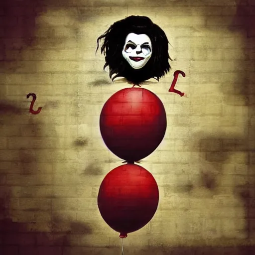 Image similar to grunge painting of a rooftop with a wide smile and a red balloon by chris leib, loony toons style, pennywise style, corpse bride style, horror theme, detailed, elegant, intricate, conceptual, volumetric light