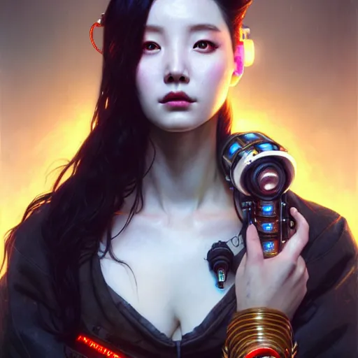 Prompt: portrait painting of sunmi as a cyberpunk technician with horns and tattoos, ultra realistic, concept art, intricate details, eerie, highly detailed, photorealistic, octane render, 8 k, unreal engine. art by artgerm and greg rutkowski and magali villeneuve and alphonse mucha