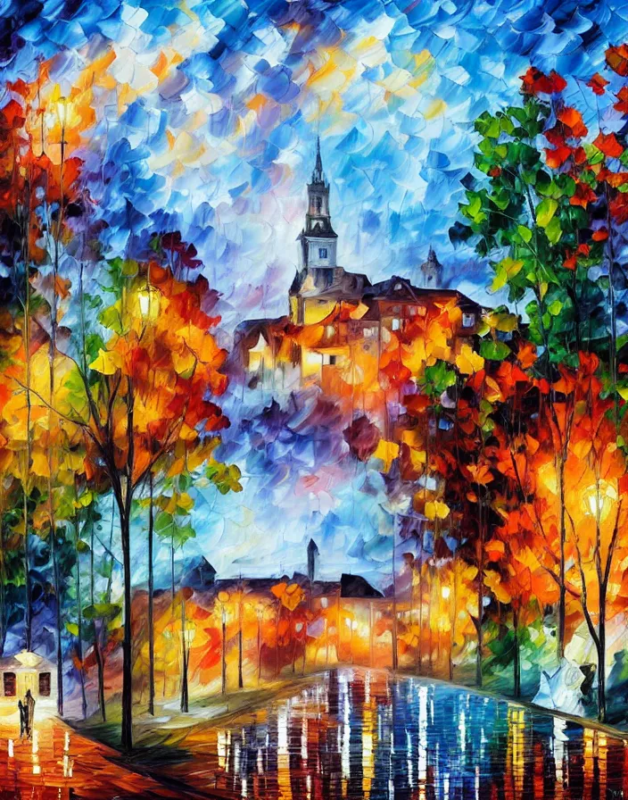 Image similar to a building in a stunning landscape by Leonid Afremov