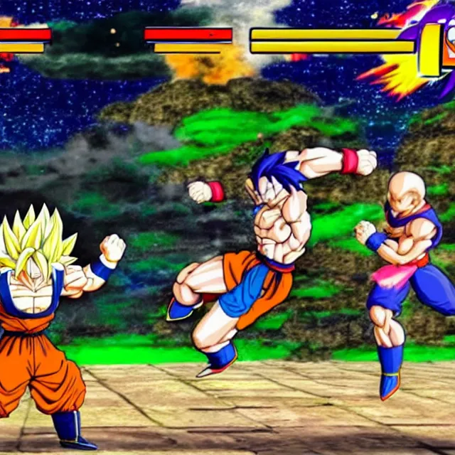 Prompt: gameplay of a dragon ball 3 d platform fighter on the nintendo 6 4