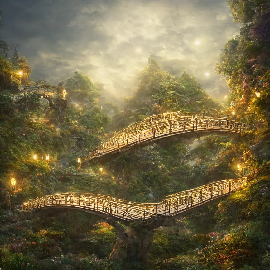 Prompt: fairyland bridge, outside of time and space, dreamy, romantic, night lighting, gorgeous lighting, well lit, backlit, dramatic cinematic lighting, intricate, highly detailed, in the style of studio ghibli, octane render, 8 k