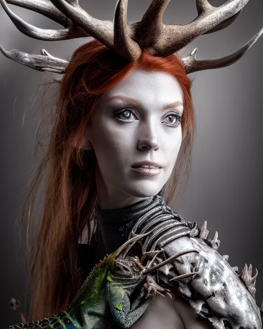 Prompt: 5 5 mm portrait photo of an armored redhead woman with antlers on her head and a an iguana on her shoulder, by luis royo. highly detailed 8 k. intricate. lifelike. soft light. nikon d 8 5 0. cinematic post - processing