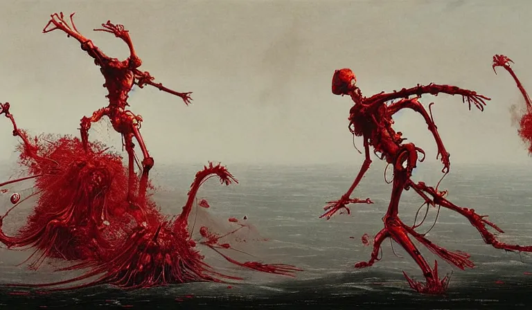 Image similar to still frame from Prometheus by Jakub rozalski by utagawa kuniyoshi by Yves Tanguy, Vast blossoming hell plains with resurrecting crimson filament mycelium biomechanical giger cyborgs in style of Jakub rozalski with character designs by Neri Oxman, metal couture haute couture editorial