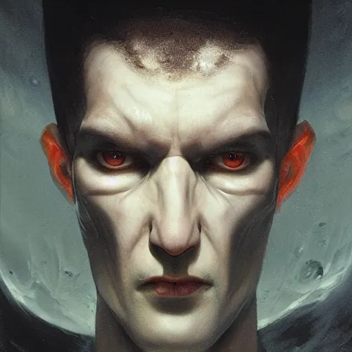 Prompt: Face of a pale alien cultist, intimidating man, large fish eyes, high forehead, smooth waxy skin, slick clammy skin, ominous, eldritch. oil painting by nuri iyem, james gurney, james jean, greg rutkowski, highly detailed, soft lighting, chiaroscuro