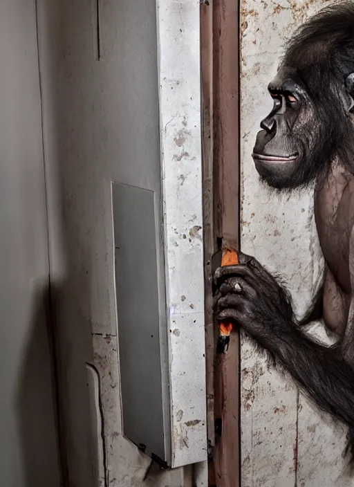 Image similar to scary hybrid human - ape, half human half ape inside fuse box in post communist apartment building