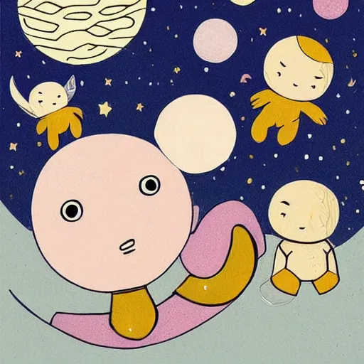 Prompt: Liminal space in outer space by illustrator and cartoonist Rose O Neill, it features Kewpies, sympathetic characters that look like baby cupids