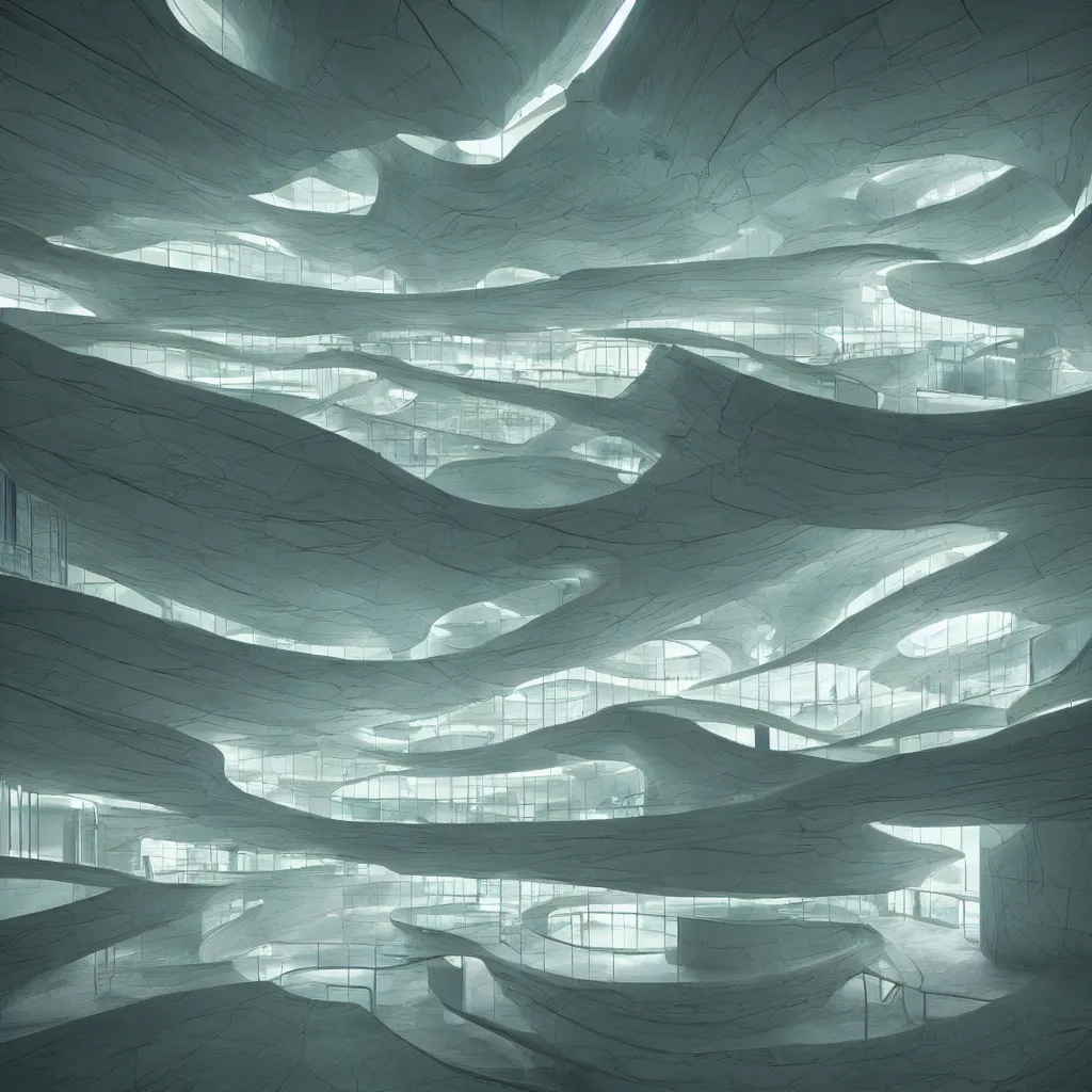 Image similar to “ a visually impressive interior of research laboratory of bioluminescent algae designed by mad architects, rendered in vray, clean curve shapes, instagram ”