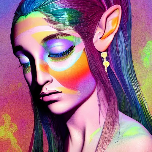 Prompt: Portrait of salvia trip faerie goddess Ariana Grande. Claymation. intricate abstract. intricate artwork. nightmare fuel. by Dave McKean. octane render, trending on artstation, greg rutkowski very coherent symmetrical artwork. cinematic, hyper realism, high detail, octane render, 8k, iridescent accents