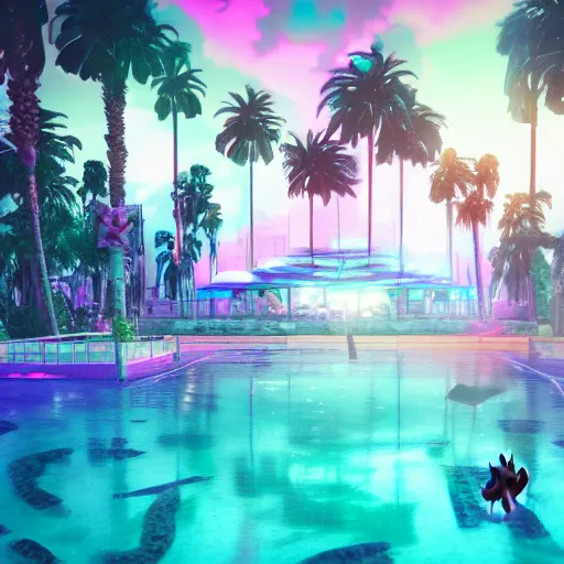 Image similar to a photograph of a broken statue in a surreal underground swimming pool surrounded by palm trees water and neon lights, vaporwave, unreal engine, octane render, dramatic lighting, volumetric lighting, neon lighting, ultra detailed, photorealistic