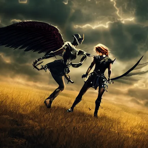 Image similar to an epic battle between a female angel and male demon locked in mortal combat flying through the air, cinematic, excellent lighting, fully rendered, clouds in the background