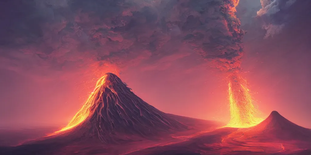 Image similar to fantasy painting of a volcano in the middle of a vast ocean, intricate abstract. delicate artwork. by tooth wu, wlop, beeple, dan mumford. octane render, trending on artstation, greg rutkowski very coherent symmetrical artwork. cinematic, hyper realism, high detail, octane render, 8 k, depth of field, bokeh. chrome accents.