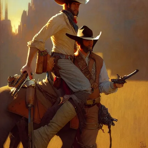 Image similar to attractive gunslinger and his handsome cowboy swordsman, they are in love, natural lighting, path traced, highly detailed, high quality, digital painting, by gaston bussiere, craig mullins, alphonse mucha, j. c. leyendecker