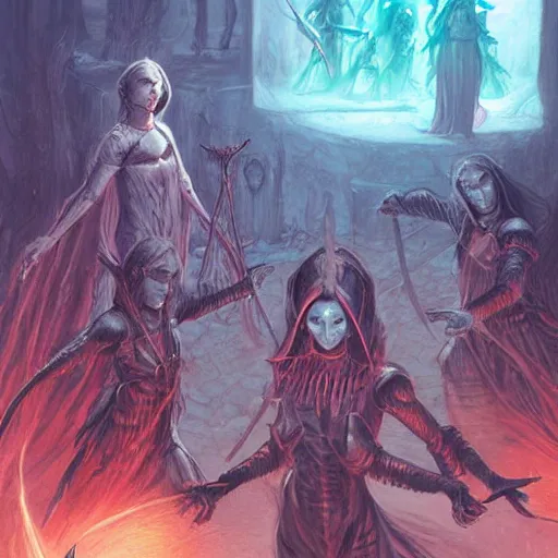 Image similar to female acolytes using demonic summoning circle to summon a demonic knight. incredible detail. by magali villeneuve and by wlop