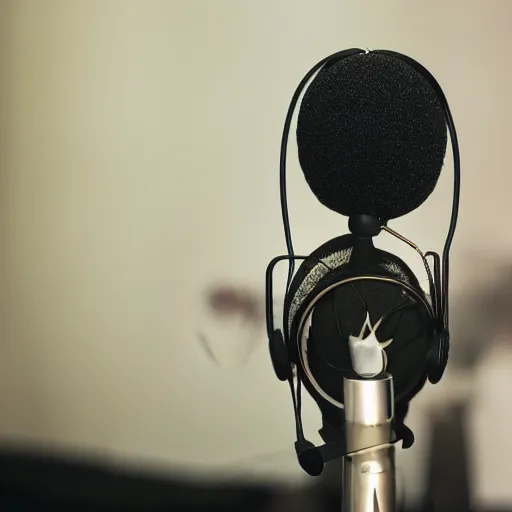 Image similar to A photograph of a bird wearing headphones and speaking into a high-end microphone in a recording studio.