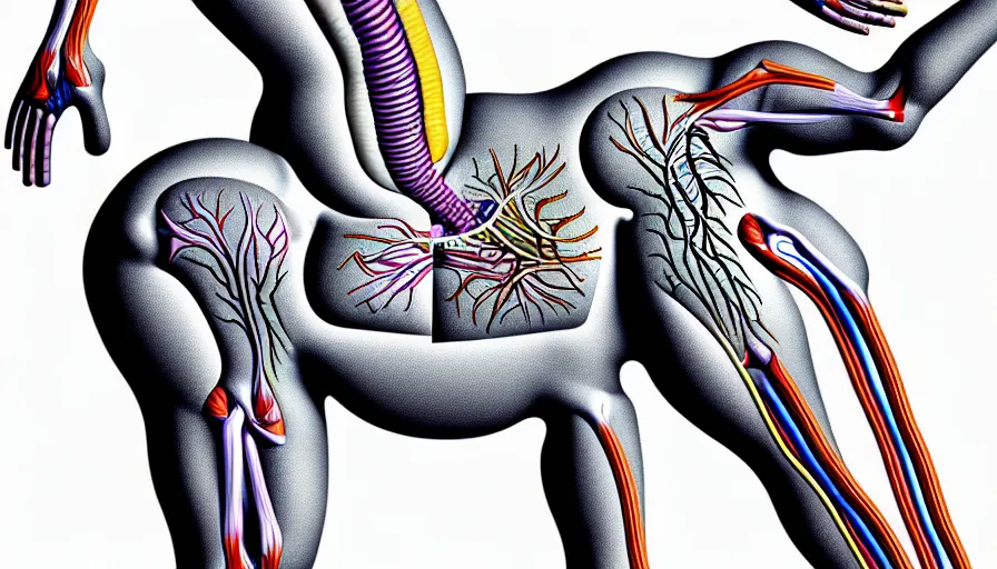 Image similar to psychedelic anatomically accurate labeled medical diagram of centaur, intricate parts, fine details, hyper realistic, elegant minimalism, by seichen, surreal