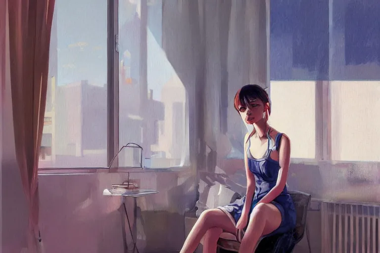 Image similar to A ultradetailed beautiful portrait panting of a stylish girl sitting in a messy modern apartment, bright sunny day, Oil painting, by Ilya Kuvshinov, Greg Rutkowski and Makoto Shinkai