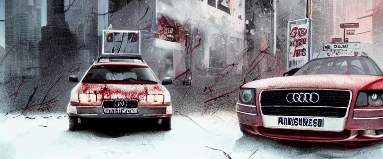 Image similar to Audi A4 B6 Avant (2002), a gritty neo-noir, dramatic lighting, cinematic, eerie person, death, homicide, homicide in the snow, viscera splattered, gunshots, establishing shot, extremely high detail, photorealistic, arson, burning city, cinematic lighting, artstation, by simon stalenhag, Max Payne (PC) (2001) winter New York at night, In the style of Max Payne 1 graphic novel, flashing lights, Poets of the Fall - Late Goodbye