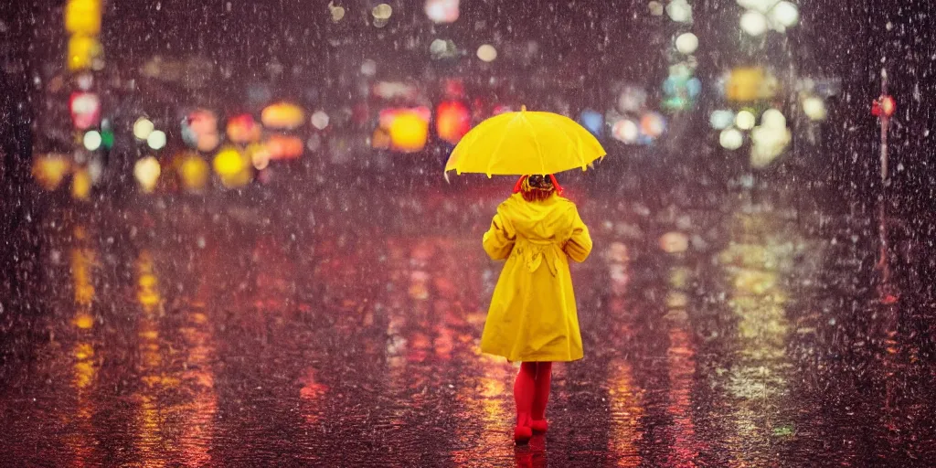 Prompt: a girl in a yellow raincoat and a red umbrella, standing in the rain, holding a flower, night, tokyo street, raining , wet, artstation, cgsociety, depth of field, bokeh, neon lights
