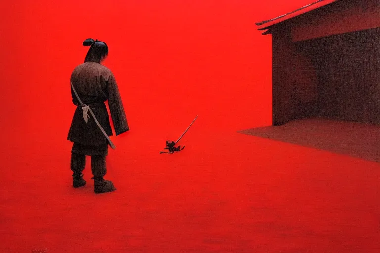 Image similar to only with red, a red samurai do seppuku, tokio, a lot of frogs watch, in the style of beksinski, parts by edward hopper, parts by rodcenko, parts by yue minjun, intricate and epic composition, red by caravaggio, insanely quality, highly detailed, masterpiece, red light, artstation, 4 k