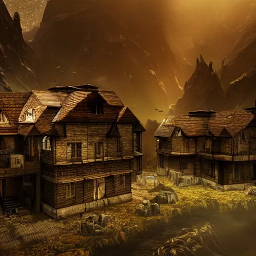 Prompt: nice comfy house in a large dystopian dark fantasy landscape, beautiful mountains, highly detailed, nice lighting, cinematic