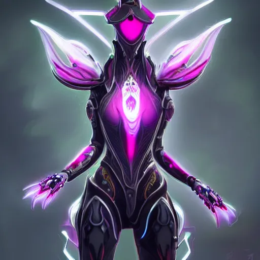 Image similar to highly detailed exquisite fanart, of a beautiful female warframe, but as an anthropomorphic robot female dragon, glowing eyes, off-white plated armor, bright Fuchsia skin, sharp claws, royal elegant pose, close full body and head shot, epic cinematic shot, realistic, professional digital art, high end digital art, sci fi, DeviantArt, artstation, Furaffinity, 8k HD render, epic lighting, depth of field