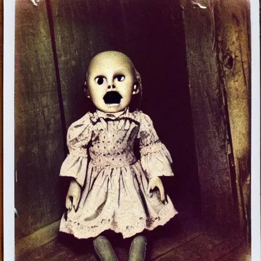 Image similar to a very beautiful old polaroid picture of a creepy doll in a barn, award winning photography