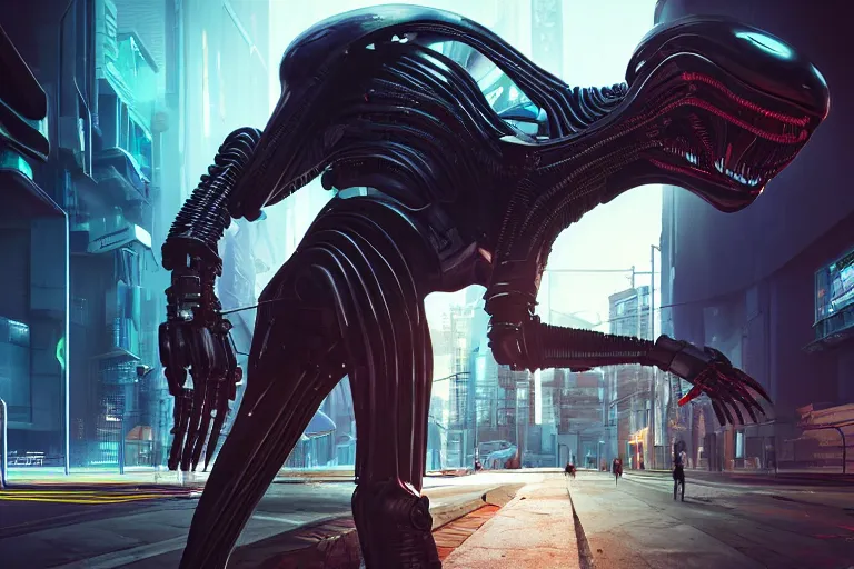 Image similar to cyberpunk alien concept inspired street, futuristic look, highly detailed body, very powerful, photorealistic camera shot, bright studio setting, studio lighting, crisp quality and light reflections, unreal engine 5 quality render