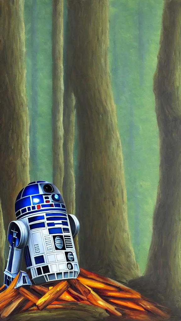 Prompt: an oil painting of r 2 - d 2 sitting by the fire at the ewok encampment, surrounded by trees. color harmony, 8 k detail, gallery quality, hd wallpaper, premium prints available, hyper - detailed, intricate design.