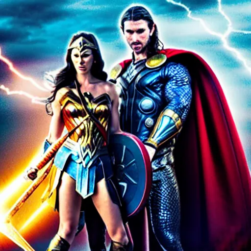 Image similar to chris hemsworth as thor, and gaul gadot as wonder woman, cinematic movie scene, epic fight, blue lightning, yellow lightning, photo