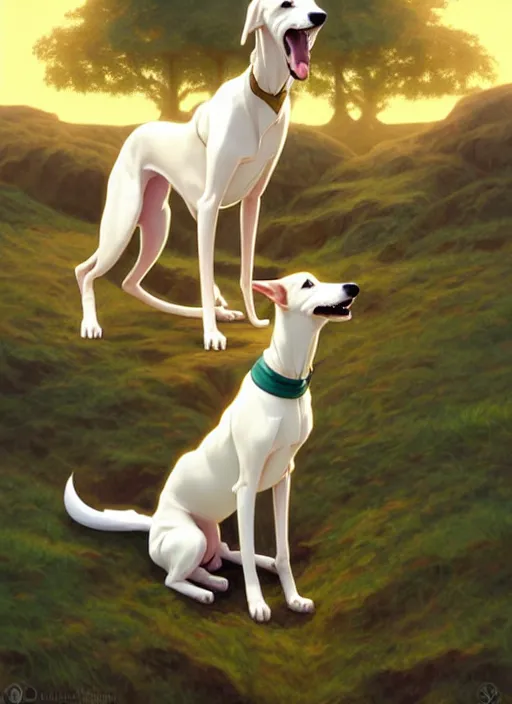 Image similar to cute white brown greyhound wearing golden cape, natural lighting, path traced, highly detailed, high quality, digital painting, by don bluth and ross tran and studio ghibli and alphonse mucha, artgerm